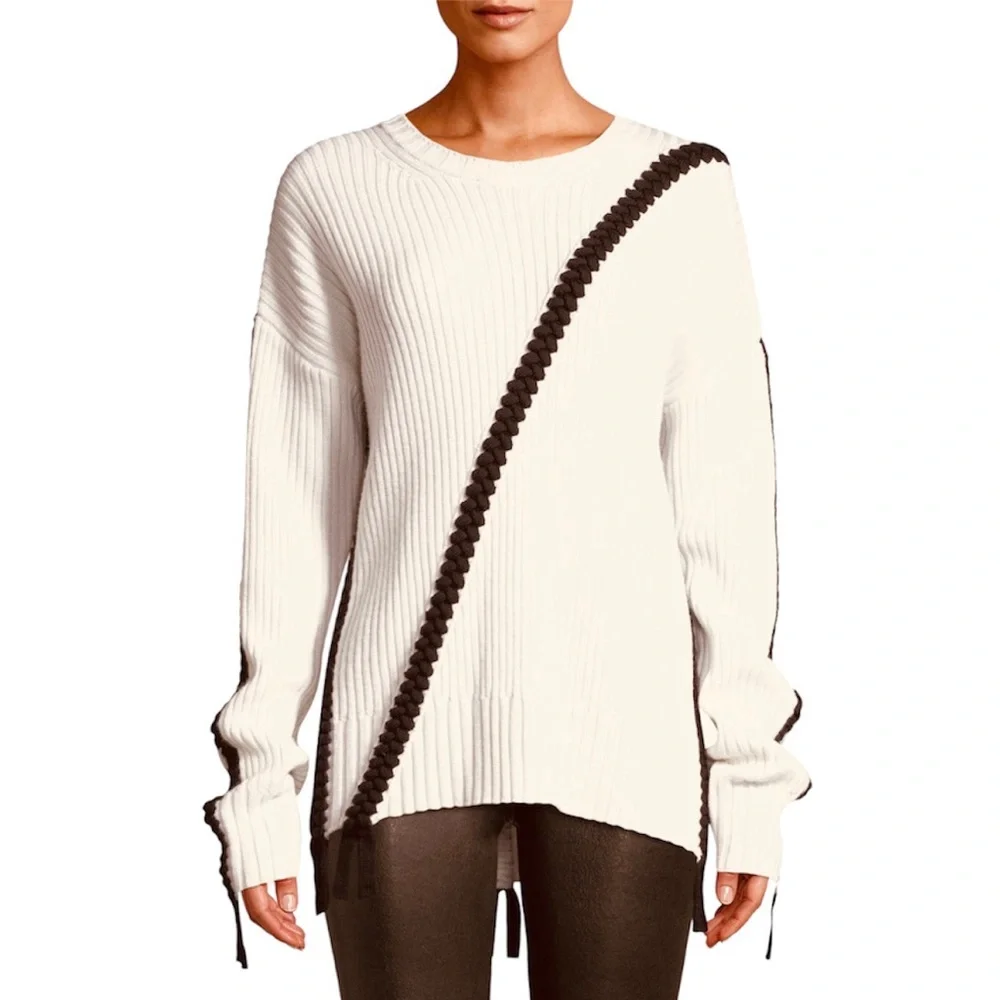 Derek Lam 10 Crosby Ribbed Wool Crewneck Sweater with Braided Detail in Ivory